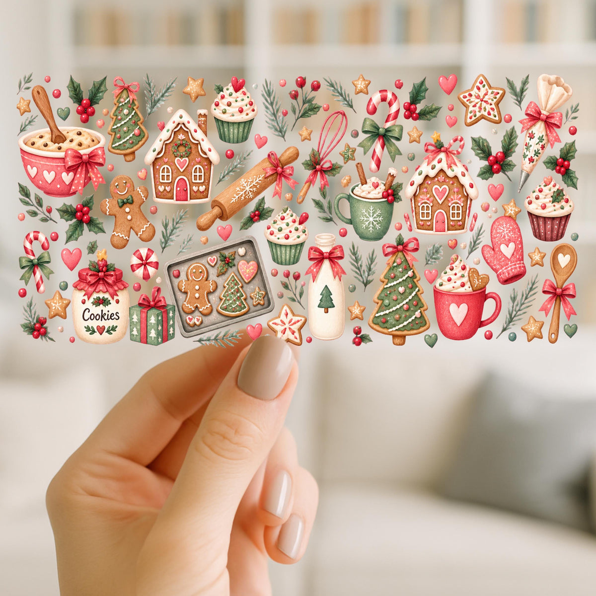 Christmas Baking UV DTF Wrap for 16oz Glass Can | Gingerbread Cookie Cup Wrap | Pink Christmas Kitchen Design | Ready to Apply