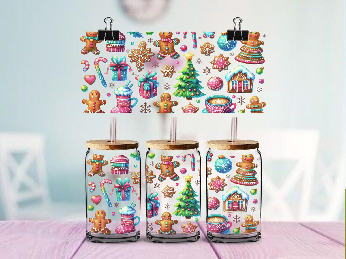Christmas Gingerbread UV DTF Wrap for 16oz Glass Can | Colorful Holiday Cup Wrap | Whimsical Christmas Cookies & Candy Design