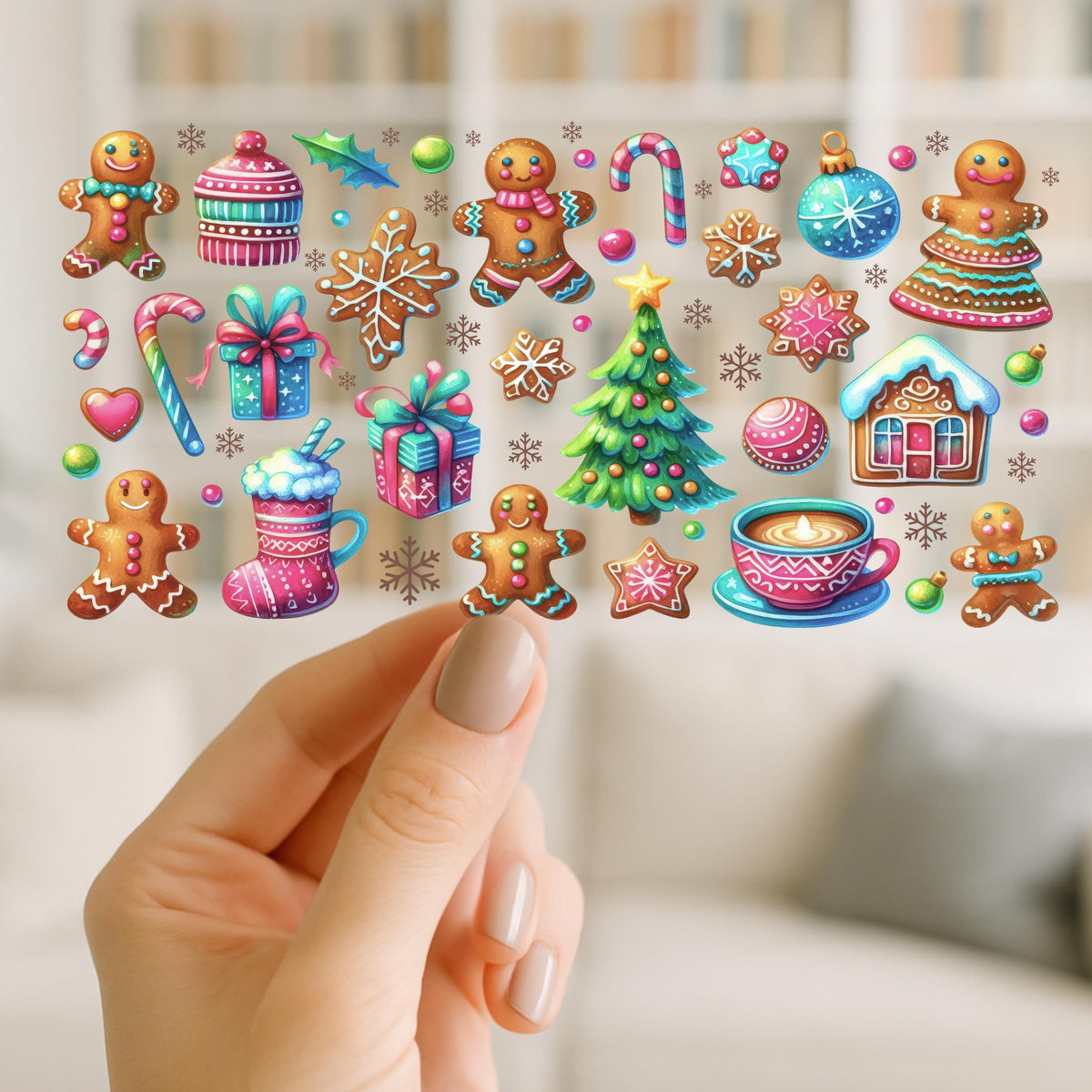 Christmas Gingerbread UV DTF Wrap for 16oz Glass Can | Colorful Holiday Cup Wrap | Whimsical Christmas Cookies & Candy Design