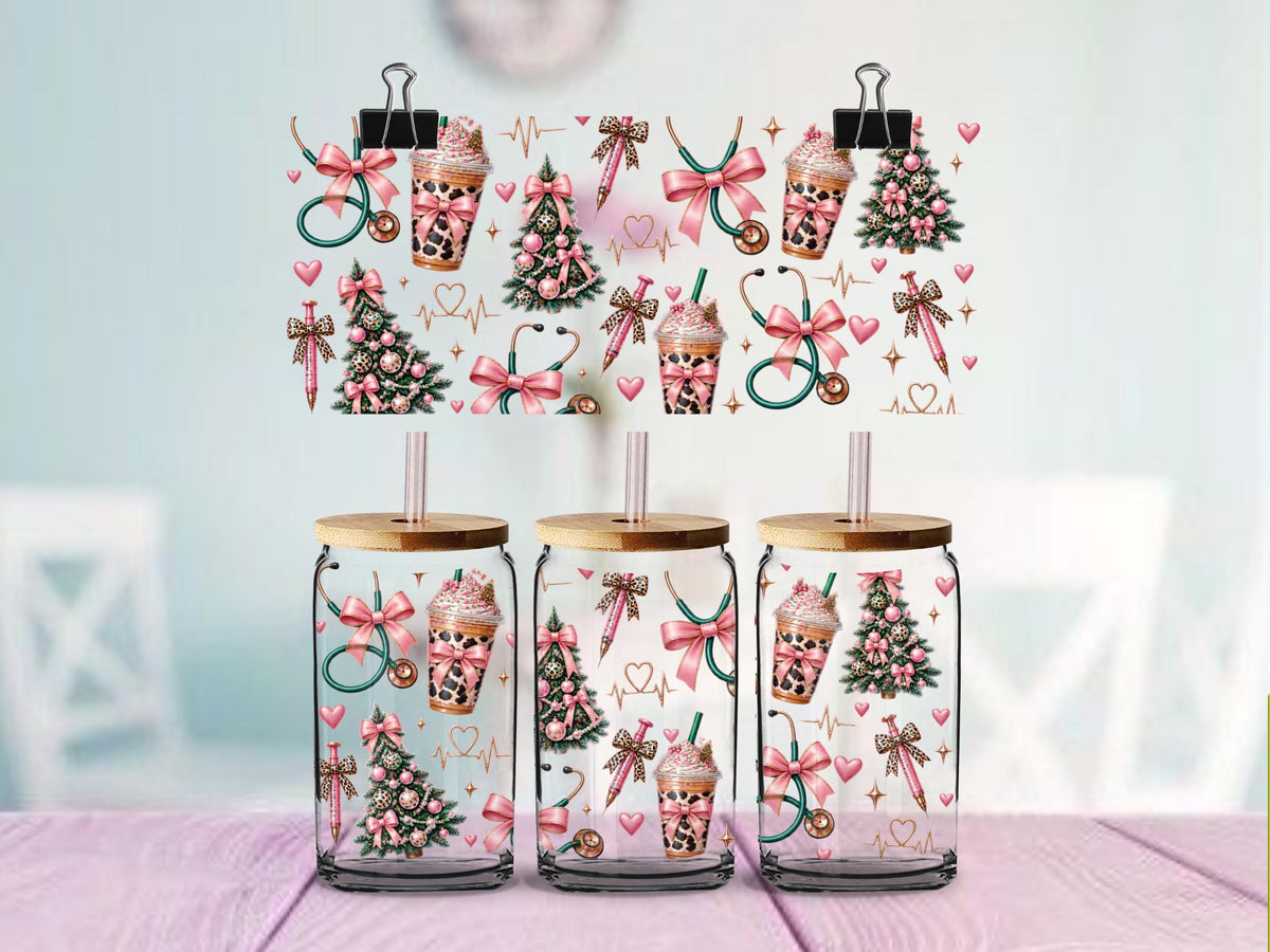 Christmas Nurse UV DTF Wrap for 16oz Glass Can | Pink Christmas Nursing Cup Wrap | Leopard Bow Stethoscope Holiday Design | 3 Styles