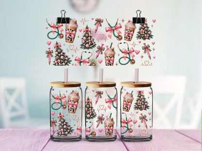 Christmas Nurse UV DTF Wrap for 16oz Glass Can | Pink Christmas Nursing Cup Wrap | Leopard Bow Stethoscope Holiday Design | 3 Styles