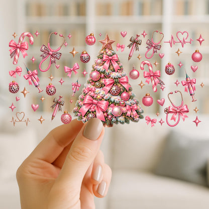 Christmas Nurse UV DTF Wrap for 16oz Glass Can | Pink Christmas Nursing Cup Wrap | Leopard Bow Stethoscope Holiday Design | 3 Styles