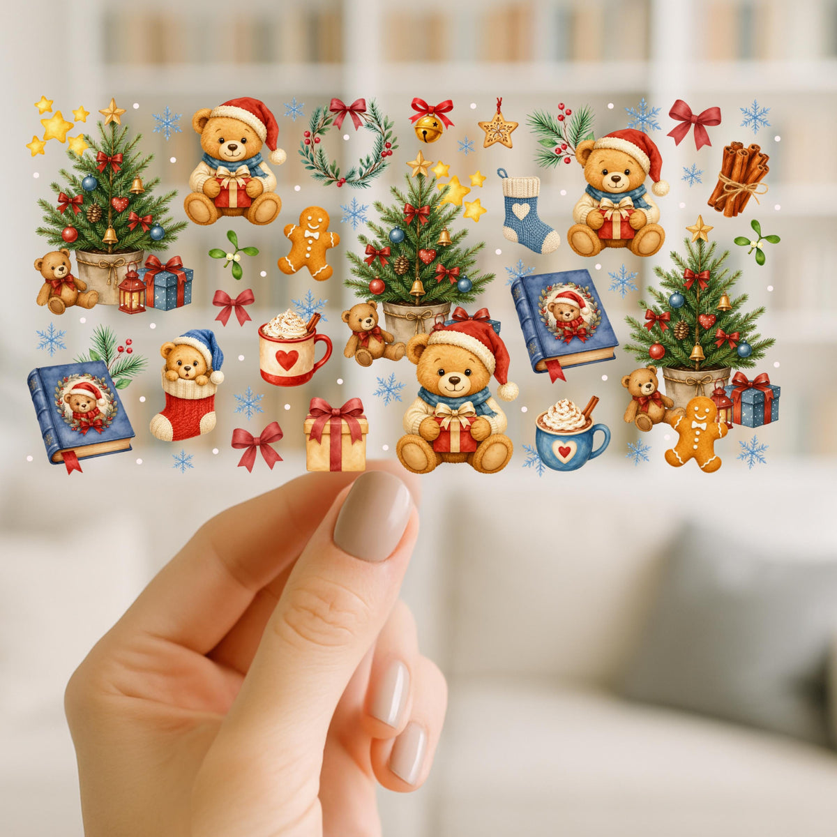 Christmas Teddy Bear UV DTF Wrap for 16oz Glass Can | Vintage Christmas Bear Cup Wrap | Cozy Holiday Gingerbread Design