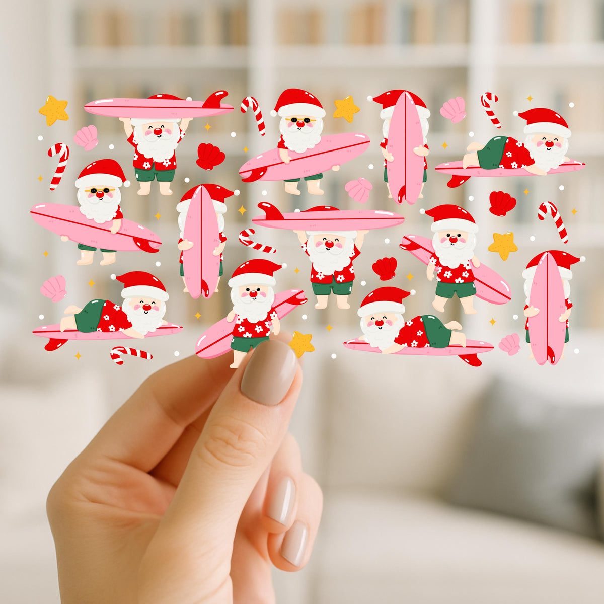 Christmas Vacation Santa UV DTF Wrap for 16oz Glass Can | Surfing Santa & Flamingo Float Cup Wrap | Tropical Holiday Design