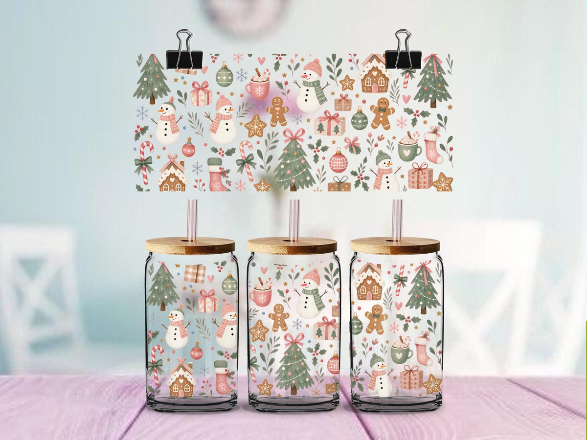 Cozy Christmas UV DTF Wrap for 16oz Glass Can | Pastel Christmas Cup Wrap | Gingerbread Snowman Holiday Design