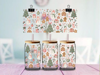 Cozy Christmas UV DTF Wrap for 16oz Glass Can | Pastel Christmas Cup Wrap | Gingerbread Snowman Holiday Design
