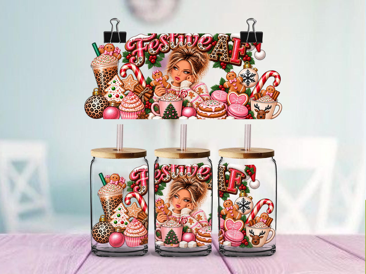 Festive AF Christmas UV DTF Wrap for 16oz Glass Can | Sassy Holiday Cup Decal | Pink Leopard Santa & Gingerbread Design