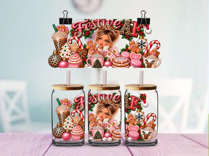 Festive AF Christmas UV DTF Wrap for 16oz Glass Can | Sassy Holiday Cup Decal | Pink Leopard Santa & Gingerbread Design