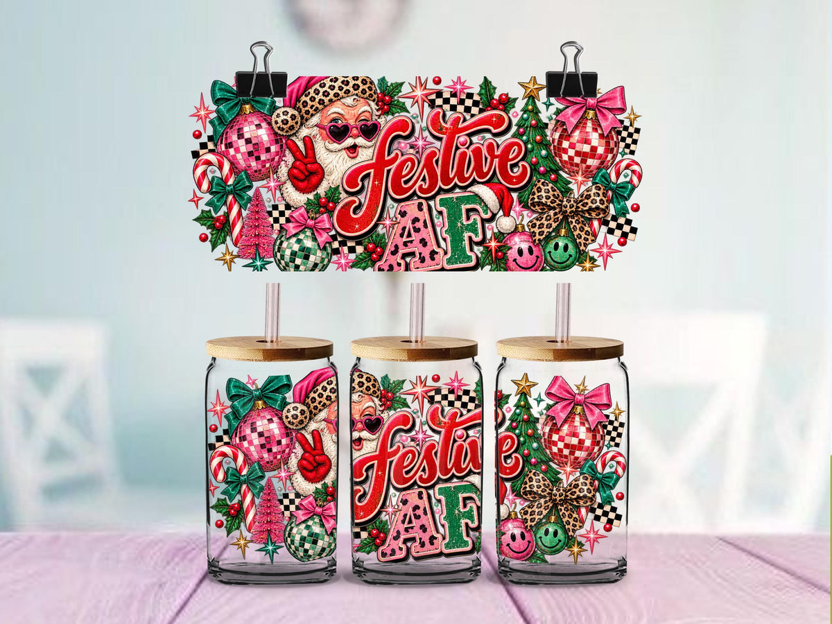 Festive AF Christmas UV DTF Wrap for 16oz Glass Can | Sassy Holiday Cup Decal | Pink Leopard Santa & Gingerbread Design