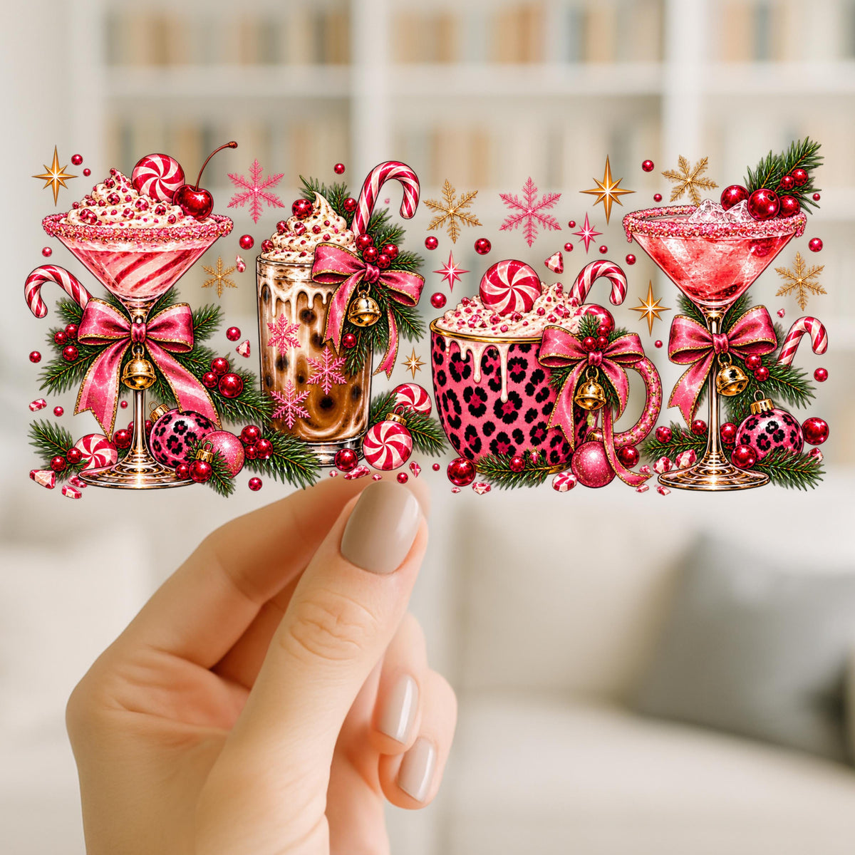 Pink Christmas Drinks UV DTF Wrap for 16oz Glass Can | Leopard Print Holiday Coffee & Cocktail Cup Decal