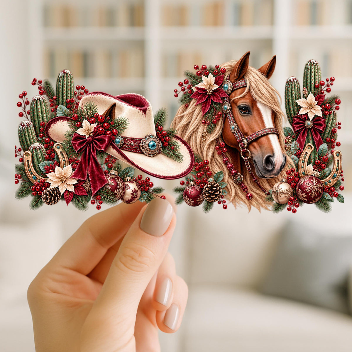 Western Christmas UV DTF Wrap for 16oz Glass Cup | Christmas Horse Cowboy Hat Cactus Design | Cowgirl Holiday Cup Decal