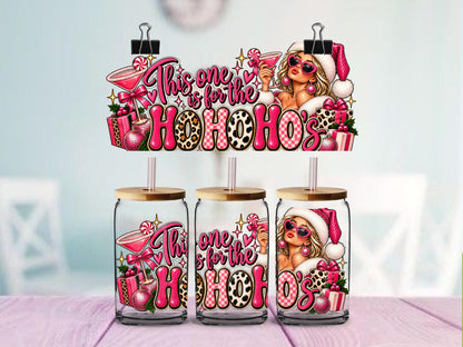 Pink Christmas UV DTF Wrap for 16oz Glass Cup | This One Is for the Ho Ho Ho's | Sassy Leopard Christmas Cup Decal