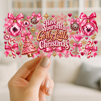 Girly Little Christmas UV DTF Wrap for 16oz Glass Cup | Pink Christmas Disco Ball Cup Decal | Coquette Bow Holiday Wrap