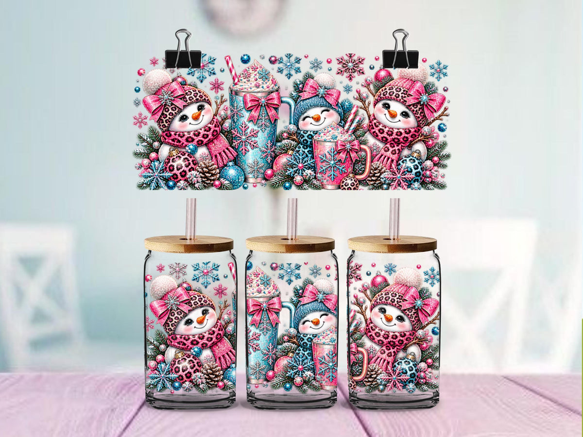 Snowman Christmas UV DTF Wrap for 16oz Glass Cup | Leopard Print Snowmen & Hot Cocoa | Winter Cup Decal