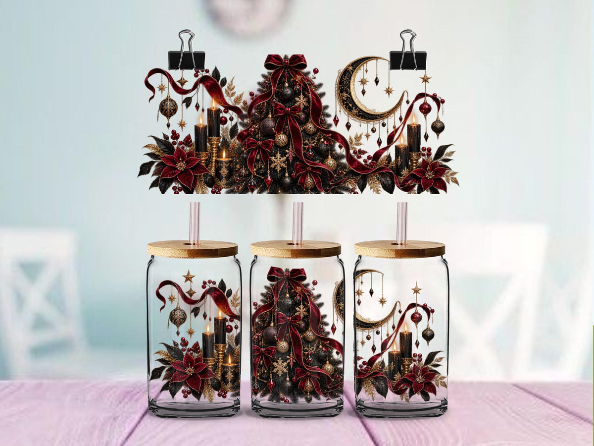 Gothic Christmas UV DTF Wrap for 16oz Glass Cup | Black Burgundy Christmas Tree | Dark Holiday Cup Decal | Gothic Glam Design