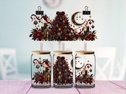 Gothic Christmas UV DTF Wrap for 16oz Glass Cup | Black Burgundy Christmas Tree | Dark Holiday Cup Decal | Gothic Glam Design
