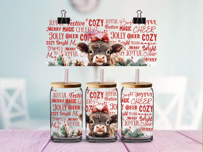 Highland Cow Christmas UV DTF Wrap for 16oz Glass Cup, Holiday Cow Cup Decal, Rustic Farmhouse Christmas, 2 Designs