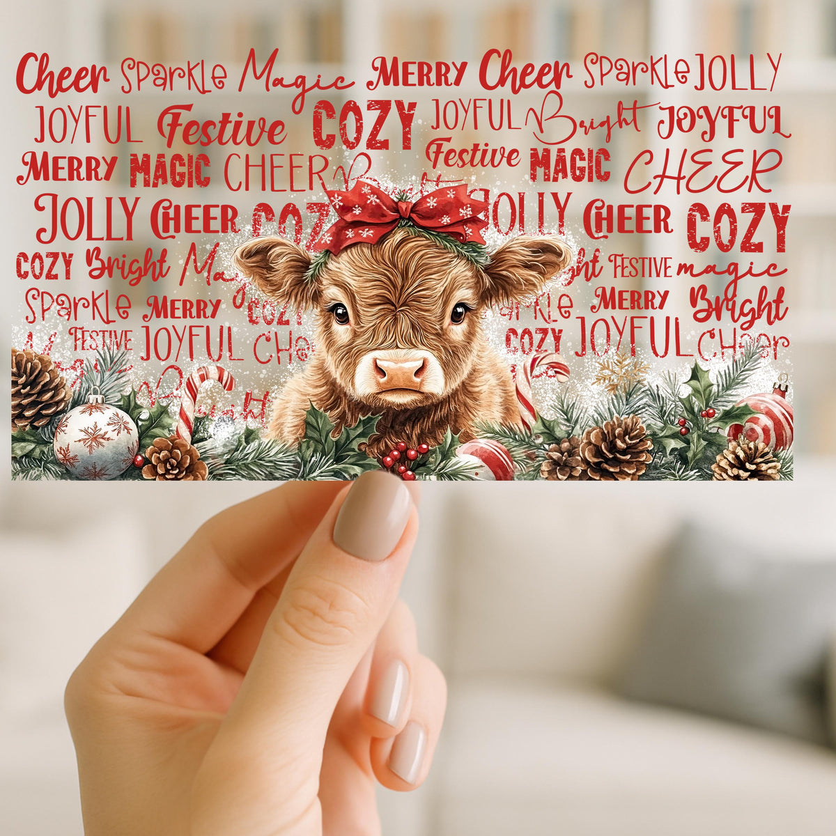 Highland Cow Christmas UV DTF Wrap for 16oz Glass Cup, Holiday Cow Cup Decal, Rustic Farmhouse Christmas, 2 Designs