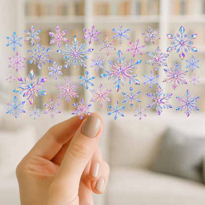Faux Holographic Snowflake UV DTF Wrap for 16oz Glass Cup, Iridescent Winter Cup Decal, Pink Blue Snowflakes, Ready to Apply