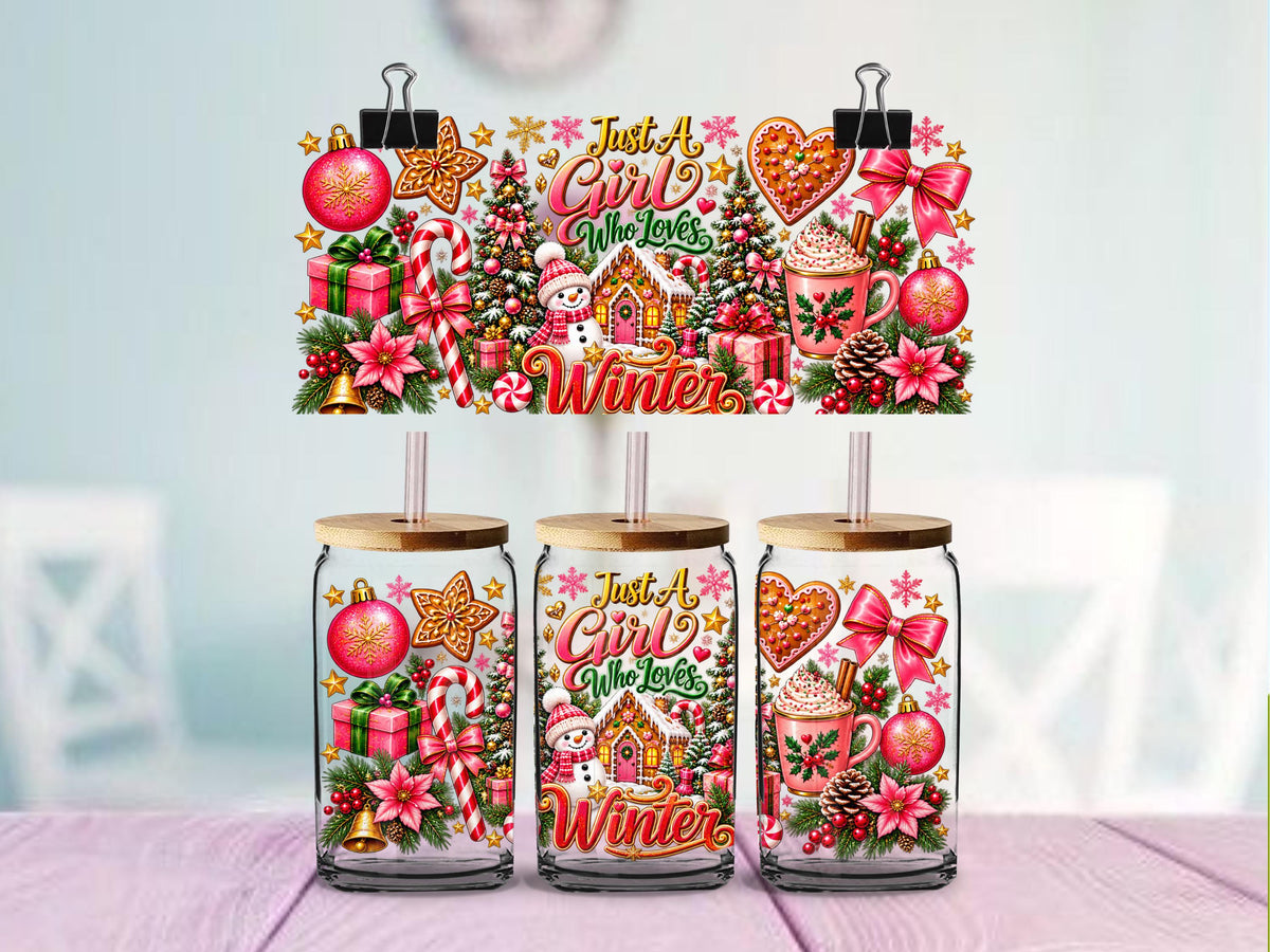 Just a Girl Who Loves Winter UV DTF Wrap for 16oz Glass Cup, Pink Christmas Cup Decal, Girly Winter Wonderland Design