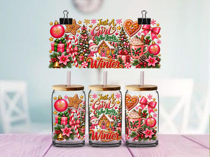 Just a Girl Who Loves Winter UV DTF Wrap for 16oz Glass Cup, Pink Christmas Cup Decal, Girly Winter Wonderland Design