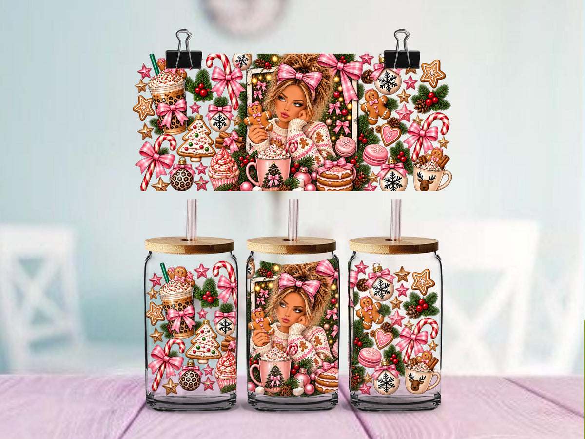Just Here for the Treats UV DTF Wrap for 16oz Glass Cup, Gingerbread Girl Holiday Cup Decal, Coquette Christmas, Ready to Apply