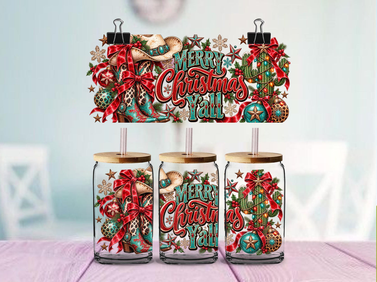 Merry Christmas Y'all UV DTF Cup Wrap | Western Christmas Cowboy Boots | 16oz Glass Can Wrap