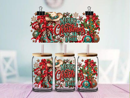 Merry Christmas Y'all UV DTF Cup Wrap | Western Christmas Cowboy Boots | 16oz Glass Can Wrap