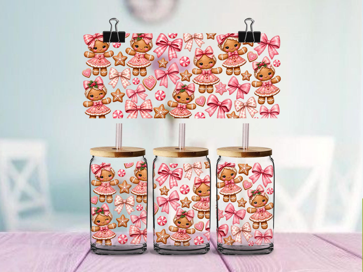 Pink Gingerbread Girl UV DTF Cup Wrap | Christmas Bows & Peppermint Candy