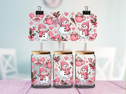 Pink Snowman UV DTF Cup Wrap | Hot Cocoa & Cozy Winter Design