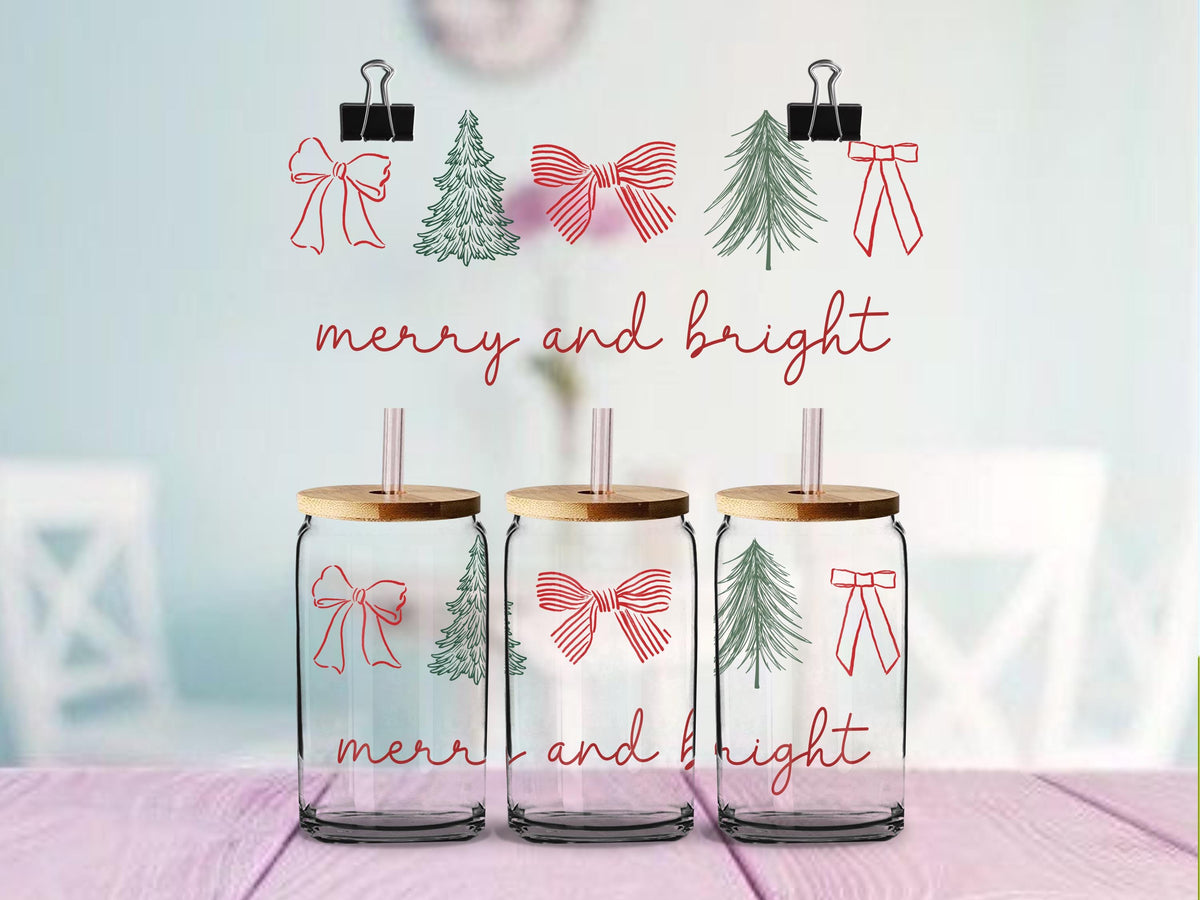 Merry and Bright Christmas UV DTF Cup Wrap, Minimalist Christmas Bows and Trees, 16oz Glass Can Wrap, Holiday Cup Decal