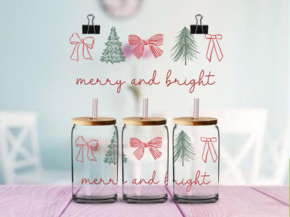 Merry and Bright Christmas UV DTF Cup Wrap, Minimalist Christmas Bows and Trees, 16oz Glass Can Wrap, Holiday Cup Decal