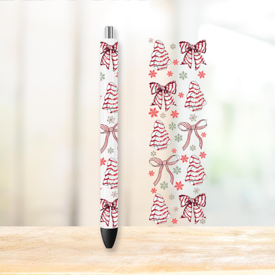 Christmas Snack Cake UV DTF Pen Wrap, Pink Bows and Snowflakes, Pen Wrap, Coquette Christmas Decal