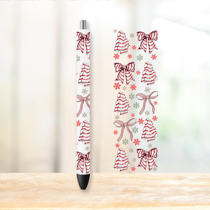 Christmas Snack Cake UV DTF Pen Wrap, Pink Bows and Snowflakes, Pen Wrap, Coquette Christmas Decal