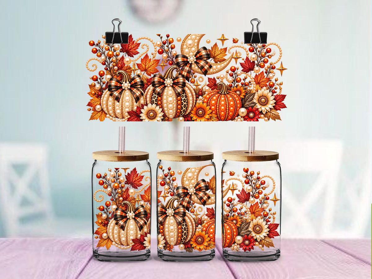 Pearl Autumn Harvest Pumpkins UV DTF Cup Wrap | Pearl Pumpkin and Leopard Print Design | 16oz Glass Can Wrap Ready to Apply