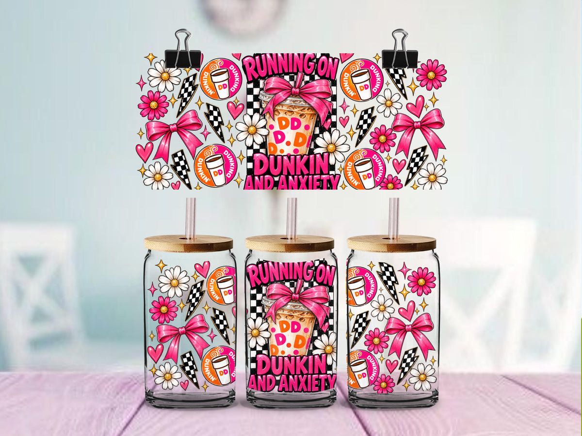 Running on Dunkin and Anxiety UV DTF Cup Wrap | Pink Coffee Bows and Daisies | 16oz Glass Can Wrap Ready to Apply