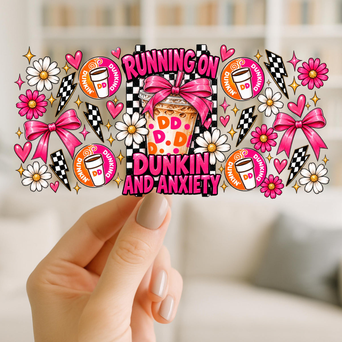 Running on Dunkin and Anxiety UV DTF Cup Wrap | Pink Coffee Bows and Daisies | 16oz Glass Can Wrap Ready to Apply