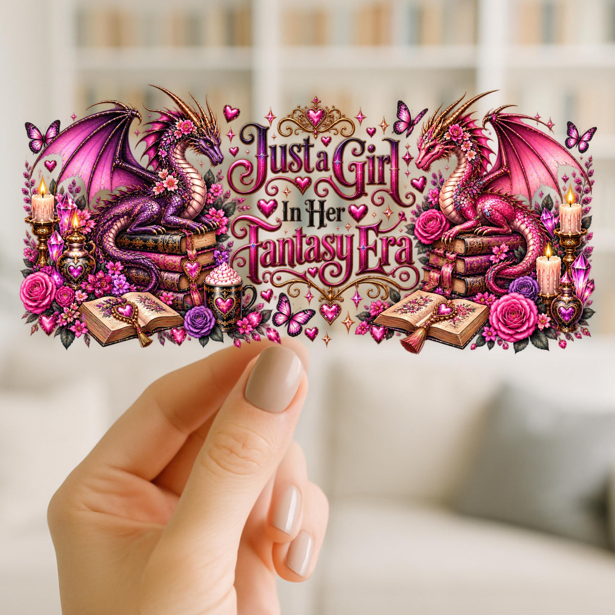 Just a Girl in Her Fantasy Era UV DTF Cup Wrap | Pink Purple Dragon and Bookish Design | 16oz Glass Can Wrap Ready to Apply
