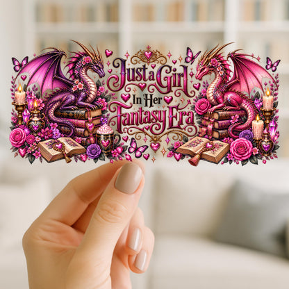Just a Girl in Her Fantasy Era UV DTF Cup Wrap | Pink Purple Dragon and Bookish Design | 16oz Glass Can Wrap Ready to Apply