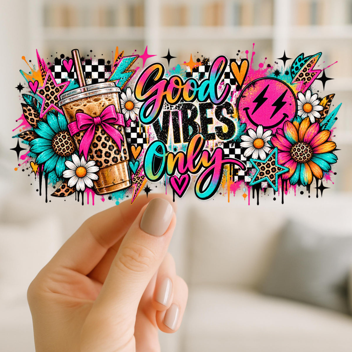 Good Vibes Only UV DTF Cup Wrap | Colorful Retro Coffee Leopard Print Daisy Design | 16oz Glass Can Wrap | Ready to Apply