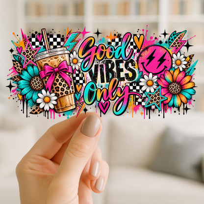 Good Vibes Only UV DTF Cup Wrap | Colorful Retro Coffee Leopard Print Daisy Design | 16oz Glass Can Wrap | Ready to Apply