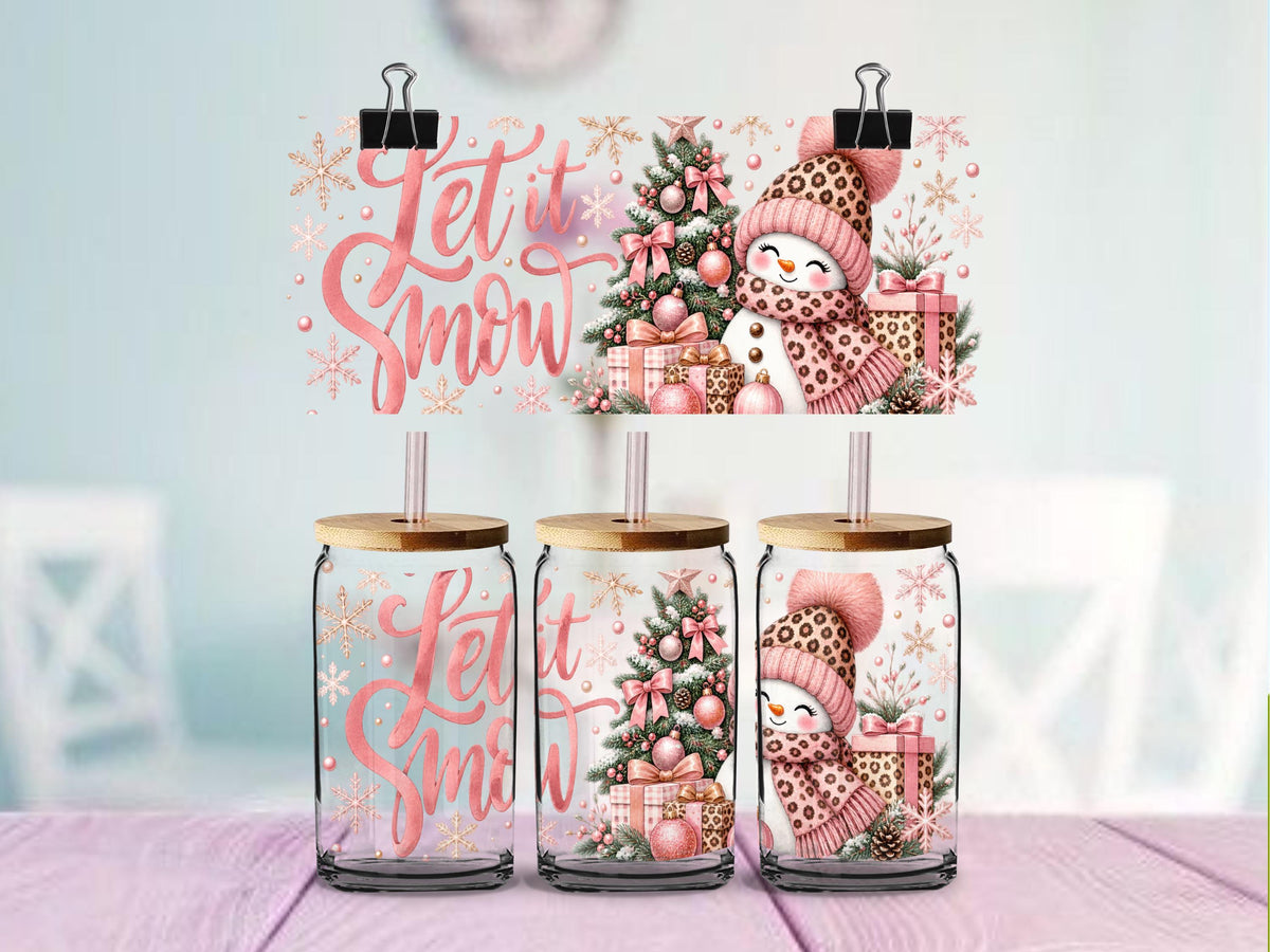 Let It Snow Leopard Print Snowman | 16oz Glass Can Wrap | Blue or Pink | Ready to Apply