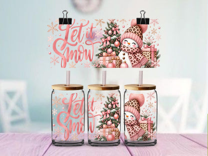 Let It Snow Leopard Print Snowman | 16oz Glass Can Wrap | Blue or Pink | Ready to Apply