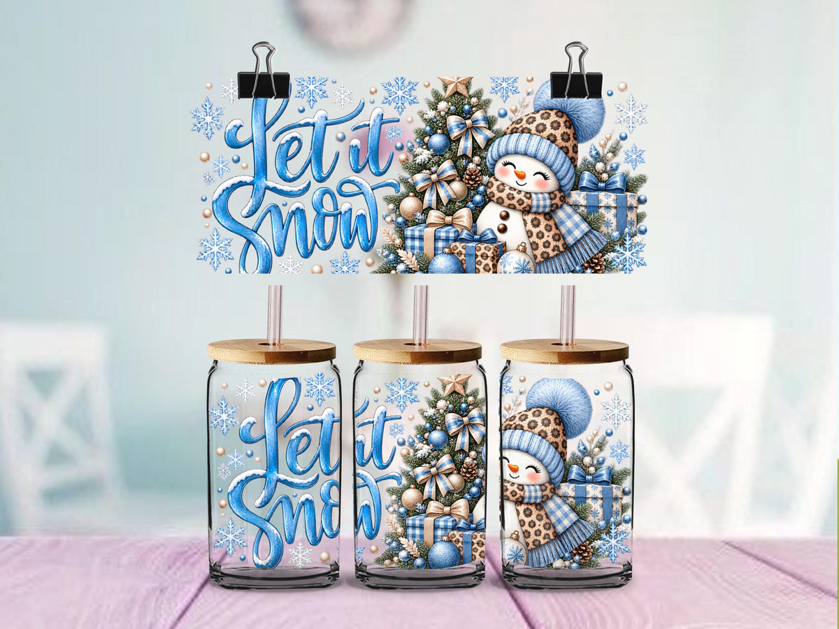 Let It Snow Leopard Print Snowman | 16oz Glass Can Wrap | Blue or Pink | Ready to Apply