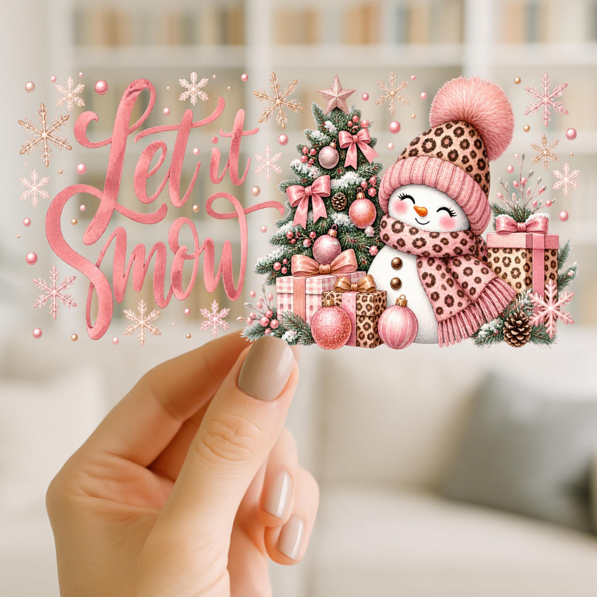 Let It Snow Leopard Print Snowman | 16oz Glass Can Wrap | Blue or Pink | Ready to Apply