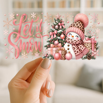 Let It Snow Leopard Print Snowman | 16oz Glass Can Wrap | Blue or Pink | Ready to Apply