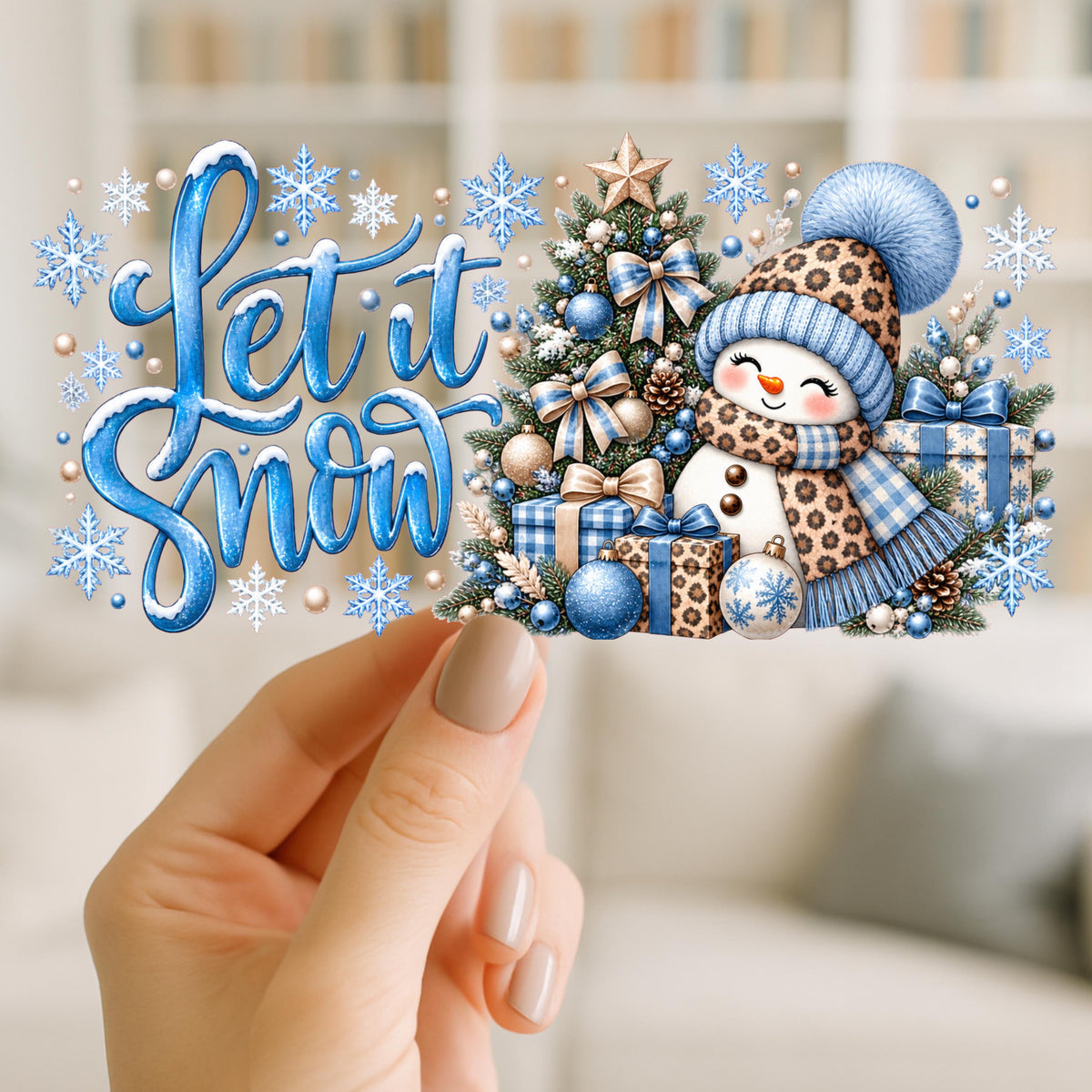 Let It Snow Leopard Print Snowman | 16oz Glass Can Wrap | Blue or Pink | Ready to Apply