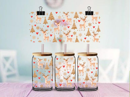 Cute Christmas Reindeer Hearts & Snowflakes Design | 16oz Glass Can Wrap | Ready to Apply
