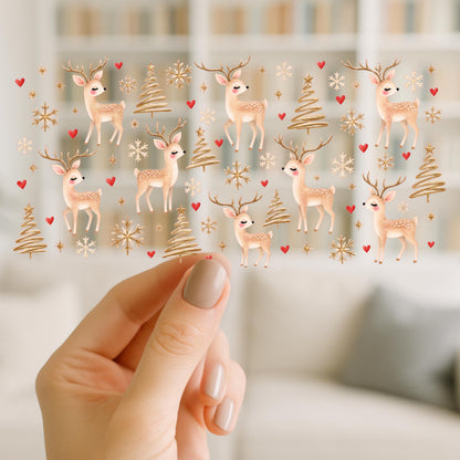 Cute Christmas Reindeer Hearts & Snowflakes Design | 16oz Glass Can Wrap | Ready to Apply