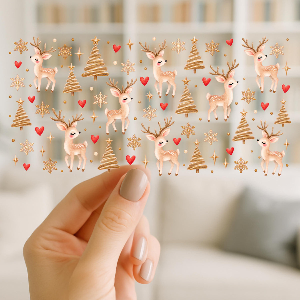 Cute Christmas Reindeer Hearts & Snowflakes Design | 16oz Glass Can Wrap | Ready to Apply